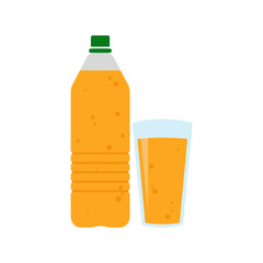 Plastic bottle with orange fruit juice or lemonade and glass of juice or lemonade. Flat web icon. Vector illustration