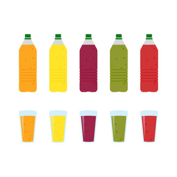 Set of Color plastic bottles of juice or soda with glasses. Package design. Tasty drink, bottled lemonade or juice. Vector illustration