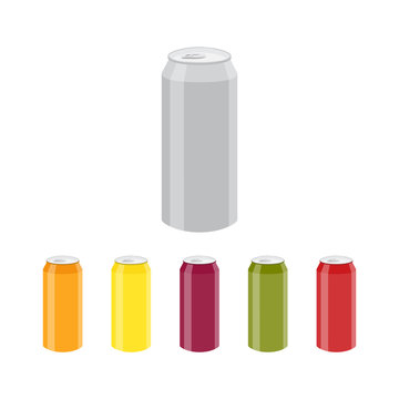 Set of Color Aluminum Cans Template. Package design. Bank of carbonated water. Tasty drink, can lemonade or beer. Vector illustration