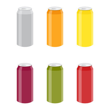 Set of Color Aluminum Cans Template. Package design. Bank of carbonated water. Tasty drink, can lemonade or beer. Vector illustration