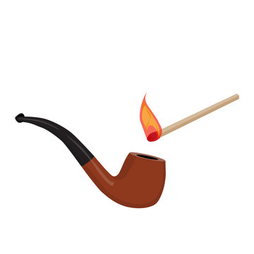 Smoking tobacco pipe and a burning match concept. Vector illustration