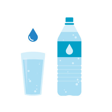 Plastic bottle and glass of water. Water drop sign. Vector illustration
