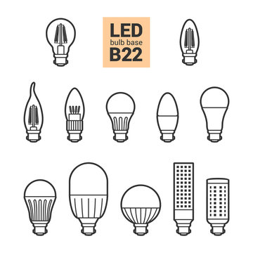 LED light bulbs with B22 base, vector outline icon set on white background