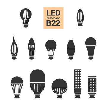 LED light bulbs with B22 base, vector silhouette icon set on white background