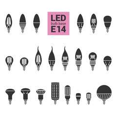 LED light bulbs with E14 base, vector silhouette icon set on white background
