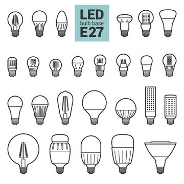 LED light bulbs with E27 base, vector outline icon set on white background