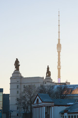 Fototapeta na wymiar Panorama Pavilion Space and Ostankino television tower at sunset