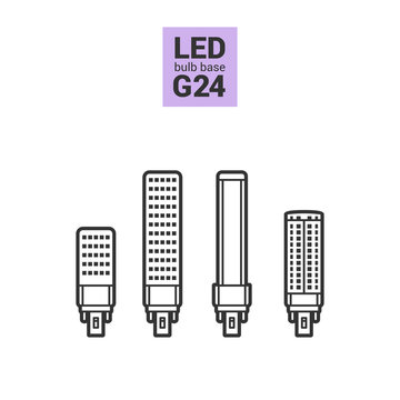 LED light bulbs with G24 base, vector outline icon set on white background