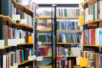 Books on bookshelves in library