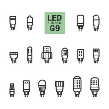 LED light bulbs with G9 base, vector outline icon set on white background