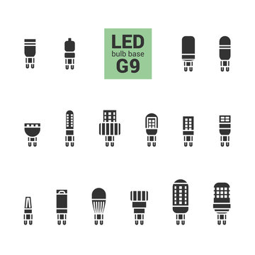 LED light bulbs with G9 base, vector silhouette icon set on white background