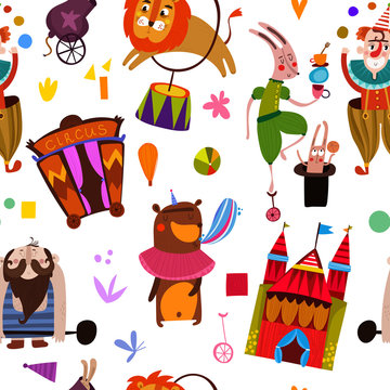Circus seamless pattern with actors and animals in cartoon style.