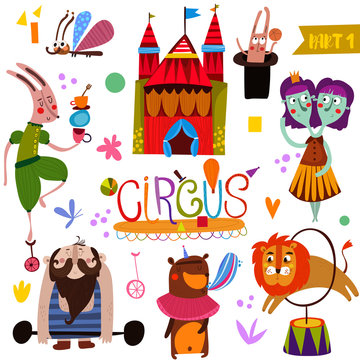 Circus collection with actors and animals in cartoon style.