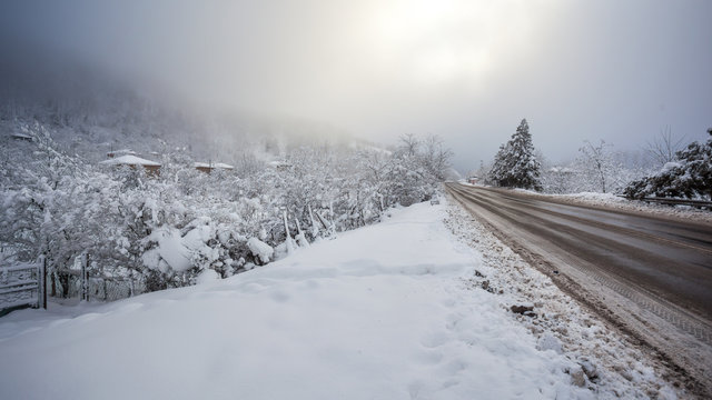 Mountain road in a sunny day, Rikoti pass, Georgia