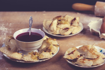 beetroot soup with dumplings / pierogis