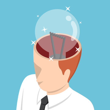 Isometric Businessman With Light Bulb In His Head