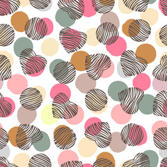Seamless pattern with hand drawn elements. Hearts and circles sh