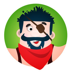 Round sticker with the image of a fun pirate with eye patch. Cartoon illustration for gaming mobile applications and for design t-shirts and other items. Avatar Robber.