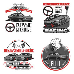Set of car racing colored emblems, labels, logos and racing badges with descriptions of classic garage, full speed, world racing. isolated vector illustration