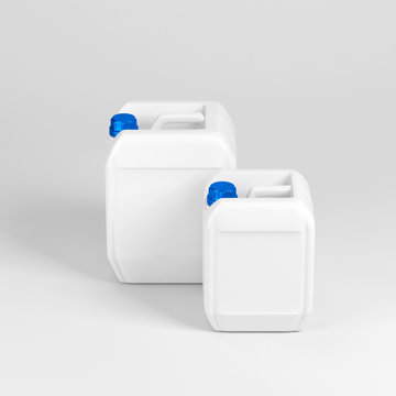 Two White plastic canister jerrycan in different sizes, 3d rendering