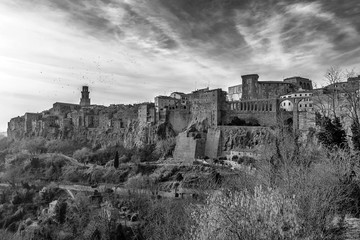 Wonderful panoramic black and white view of Pitigliano, a village famous for being built on tuff, Grosseto, Tuscany, Italy