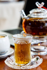 The Azerbaijan cuisine. Traditional tea in special cups of glass