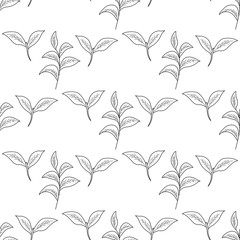Obraz premium Green tea leaf illustration, branch organic hand drawing sketch, seamless pattern