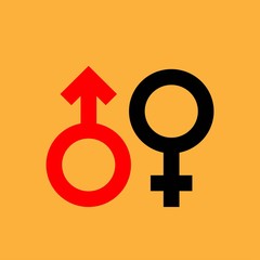 Male and female signs of a heart on  yellow