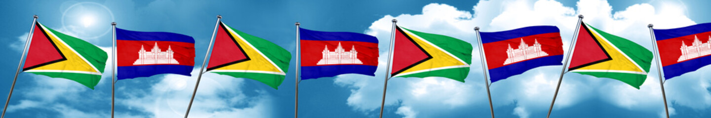Guyana flag with Cambodia flag, 3D rendering