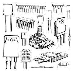 Electronic components: microcontroller, capacitor, potentiometer, transistor, resistor, sensor, diode isolated on white background. Vector illustration in a sketch style. - obrazy, fototapety, plakaty