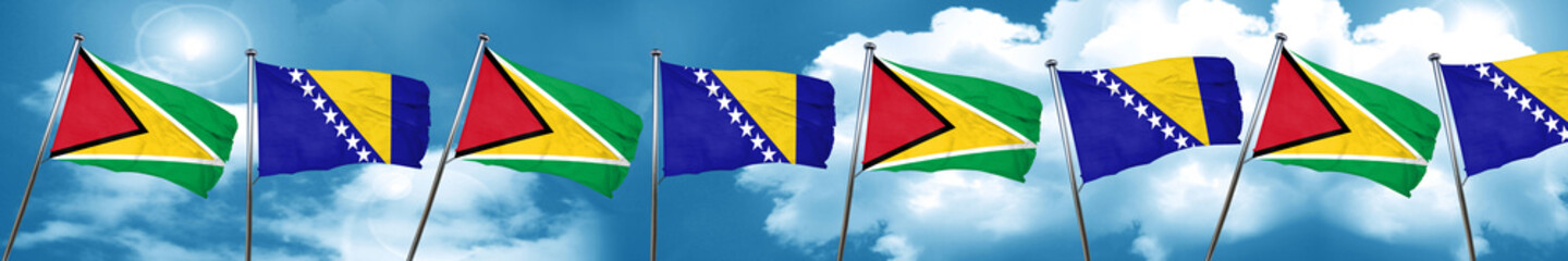 Guyana flag with Bosnia and Herzegovina flag, 3D rendering