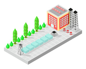 Fototapeta premium Isometric home. The factory with storage tanks. Road, green bushes in front of house. Vector illustration isometric style.