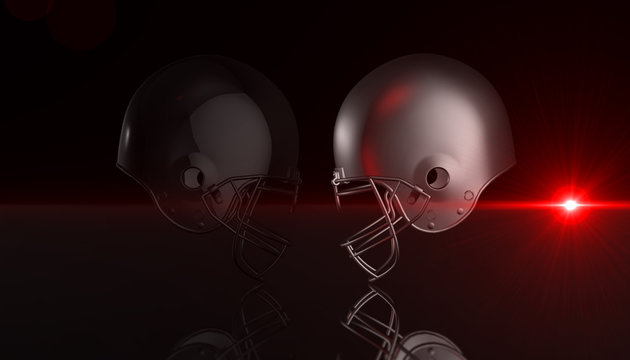 American football black and gray helmets on black dark background, 3d render