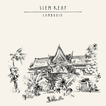 Siem Reap, Cambodia. Hotel in traditional Khmer architectural style. Tropical plants, trees. Vintage touristic postcard with grungy artistic hand drawing