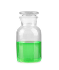 Glass bottle with color water on white background