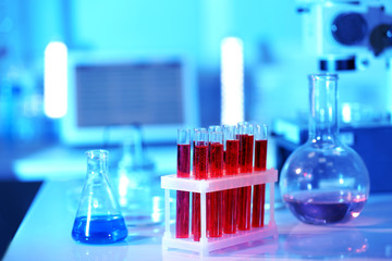 Test tubes with blood in laboratory on table