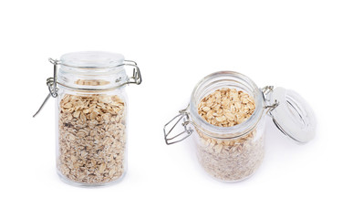 Oatmeal flakes glass jar isolated