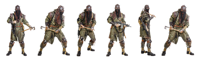 Set of nuclear post apocalypse survivors with homemade weapons and cold steel on white background. Life after doomsday concept - obrazy, fototapety, plakaty