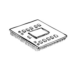 Microprocessor, cpu, processor isolated on white background. Vector illustration in a sketch style.