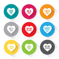 Heart icon set with greetings - colorful vector icons in flat design 