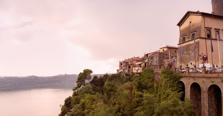 Panorama of beautiful Lake Nemi from site review in rain. Dark. Nemi Italy