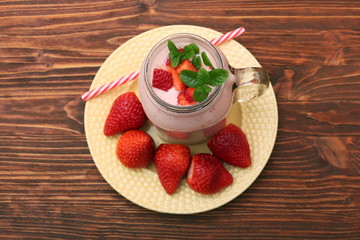 Smoothie with strawberries and milk. Healthy eating concept.