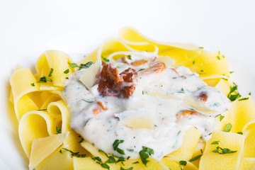 Pasta with cream sauce with chanterelle