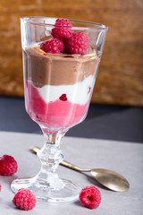 Glass of chocolate and rapsberry dessert