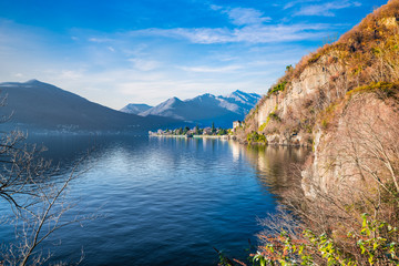 View of Lake Maggiore (Verbano) and the small touristic village of Maccagno with the Sanctuary Madonna della Punta, province of varese, Italy 