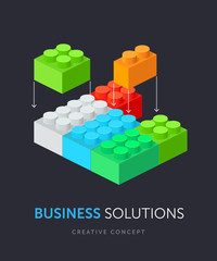 Business solution flat isometric concept. Vector illustration of plastic building blocks.