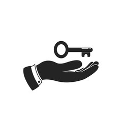 Hand holds key vector icon.