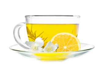 cup of green tea with lemon slice and jasmine flowers isolated o