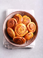 Cinnamon swirl buns in a bowl