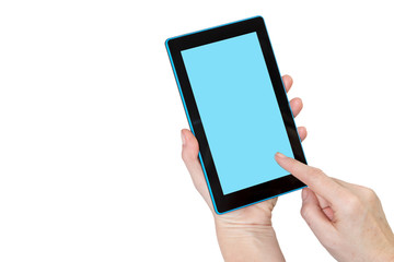 Female is holding tablet and touching touchscreen